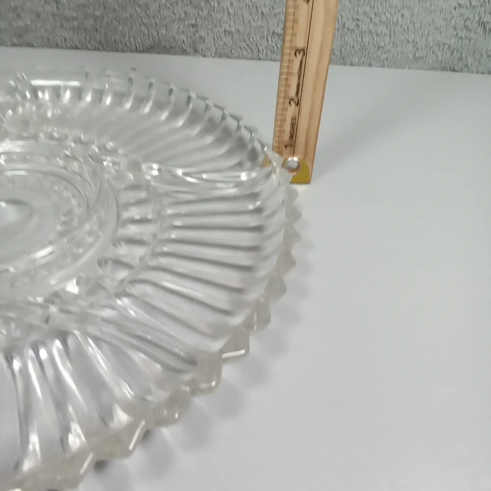 Vintage‎ Clear Pressed Glass Divided Relish Tray Sunburst Sawtooth Rim 11 Inch